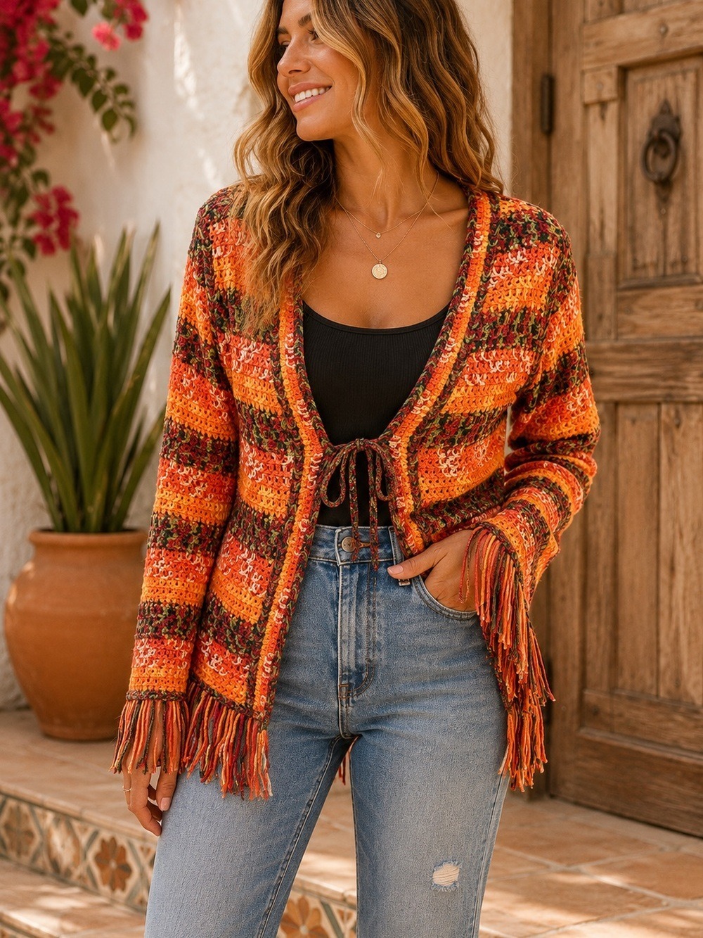 Blue B Crochet Fringe Cardigan Small Orange Boho Tie Front